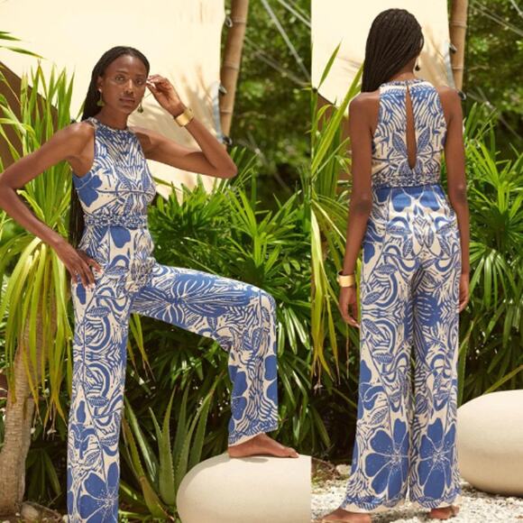 Carolina K Pants - NWT Carolina K Floral Belted Straight Leg K Alessia Jumpsuit Blue and White